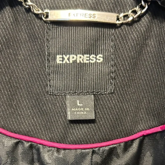 Express Black Denim Double-Breasted Belted Silver Button Trench Coat - Picture 16 of 16